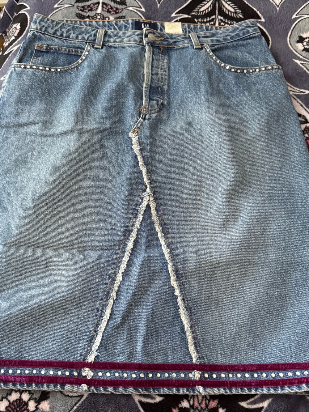 Vintage Y2K GAP Denim Skirt with Rhinestone Trim and Velvet Trim